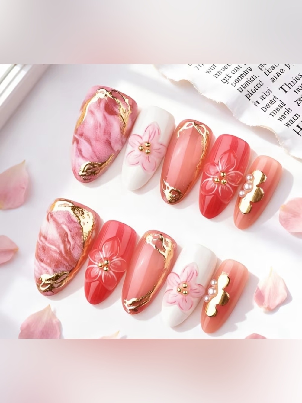 Blush Pink Floral Press-On Nails with Gold Accents — Women’s Elegant Set